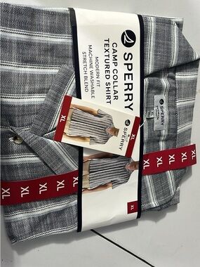 Sperry Gray and White Striped Camp Collar Shirt